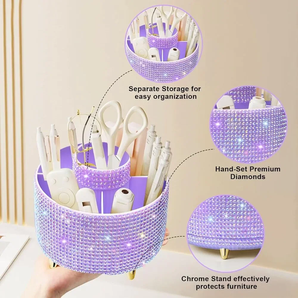 Diesisa 5Slot Makeup Brush Diamond Purple Cup 360° Rotating Makeup Brush Holder